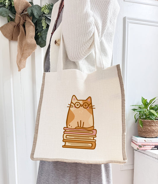 Hazel, Bookworm Cat Linen Gusset Bag