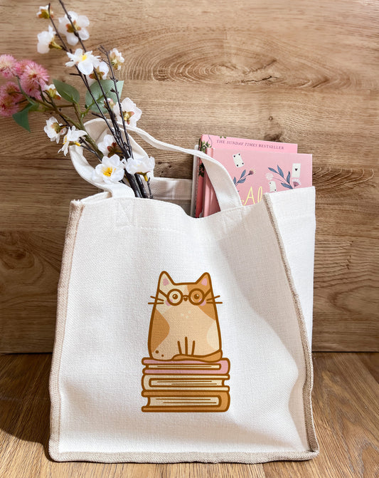 Hazel, Bookworm Cat Linen Gusset Bag