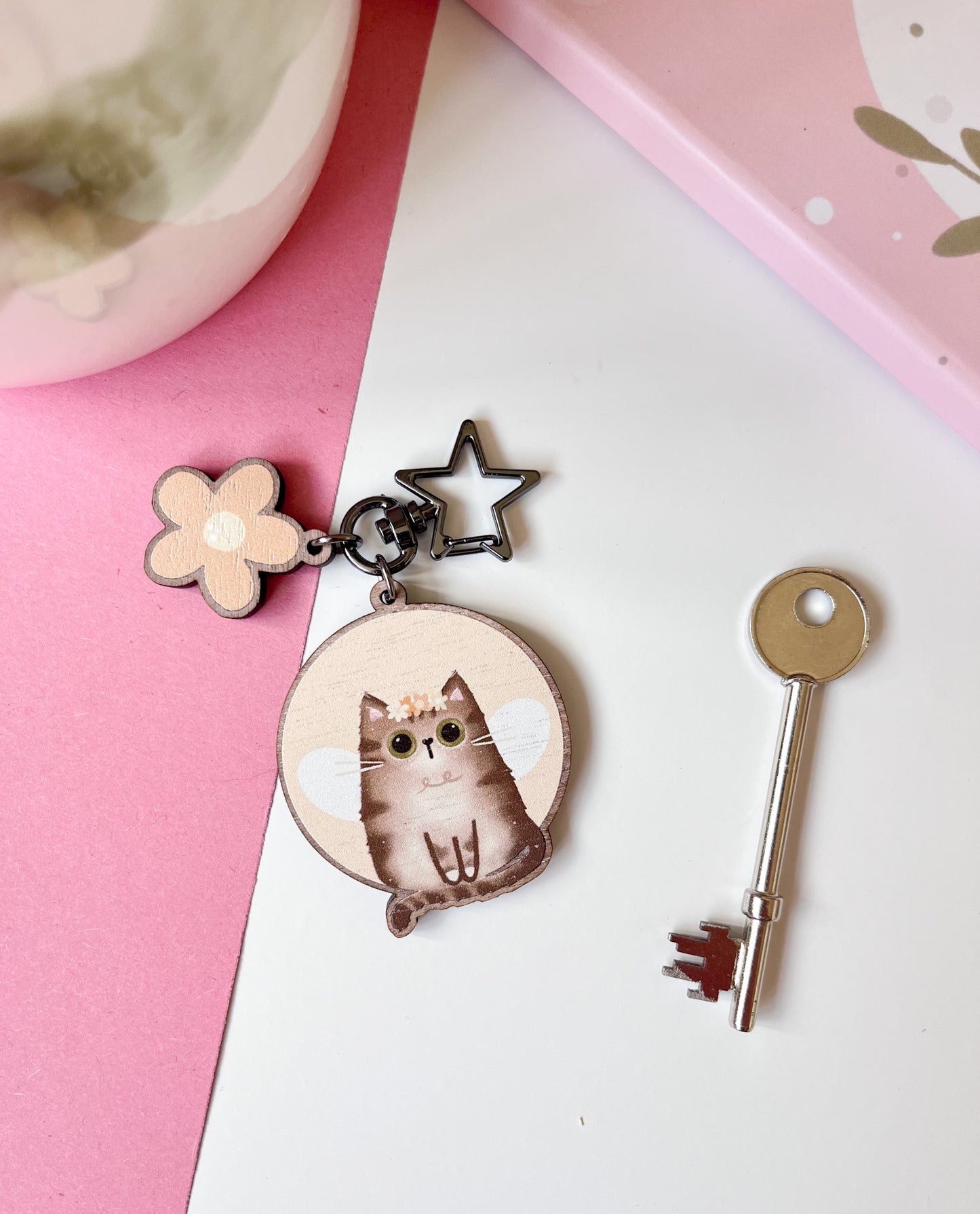 Tabby Cat Wooden Keyring