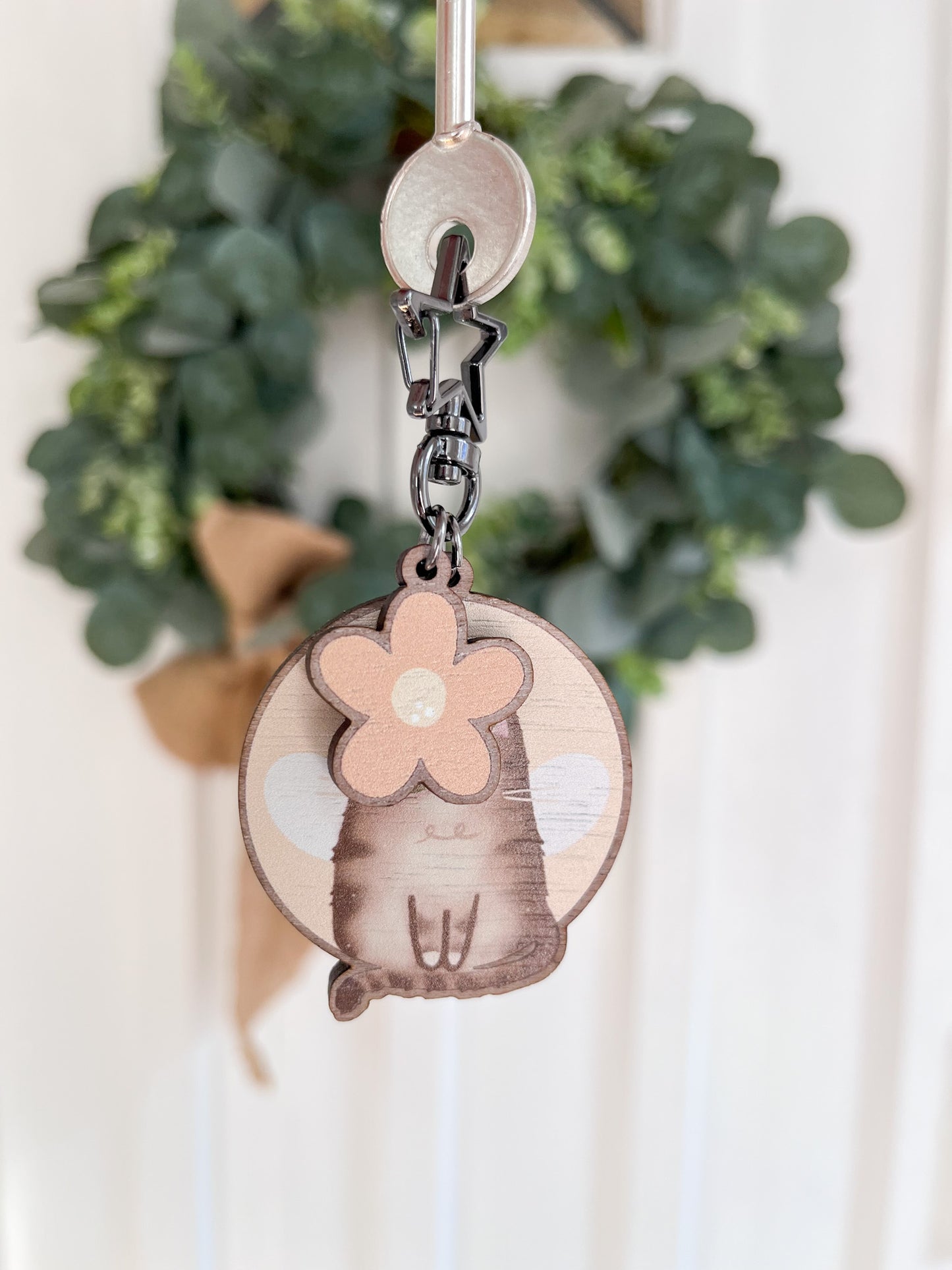 Tabby Cat Wooden Keyring