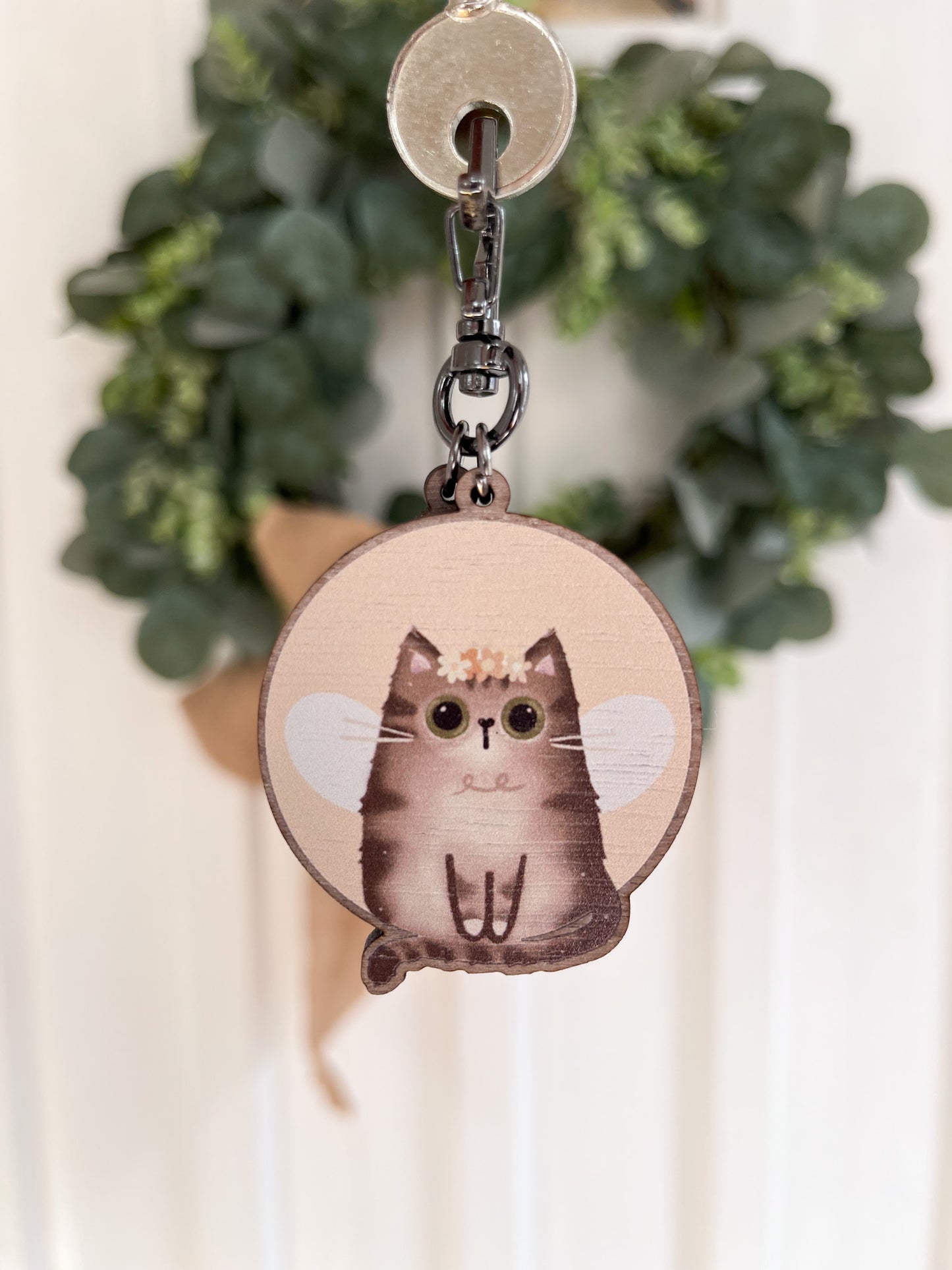 Tabby Cat Wooden Keyring