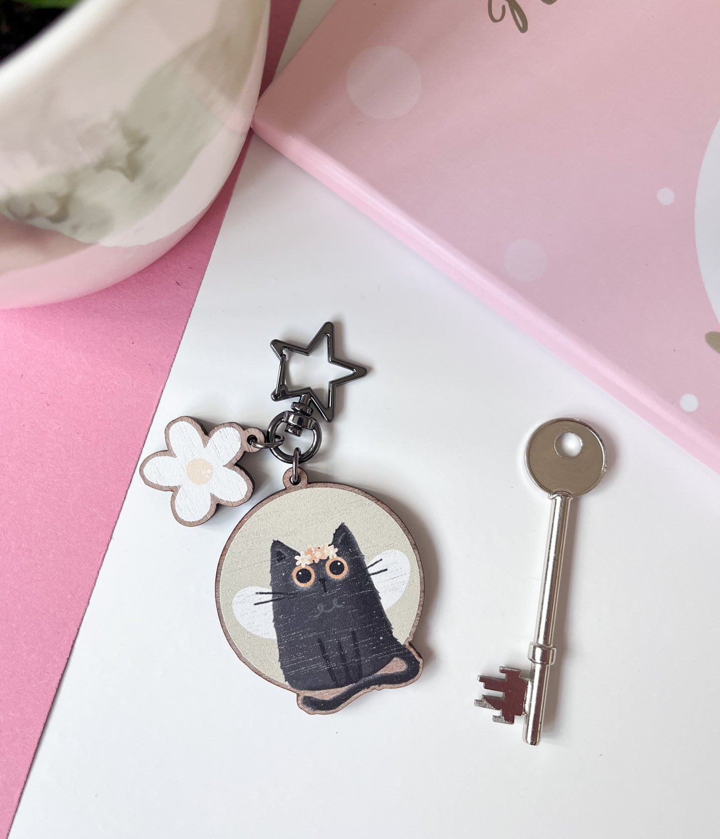 Black Cat Wooden Keyring