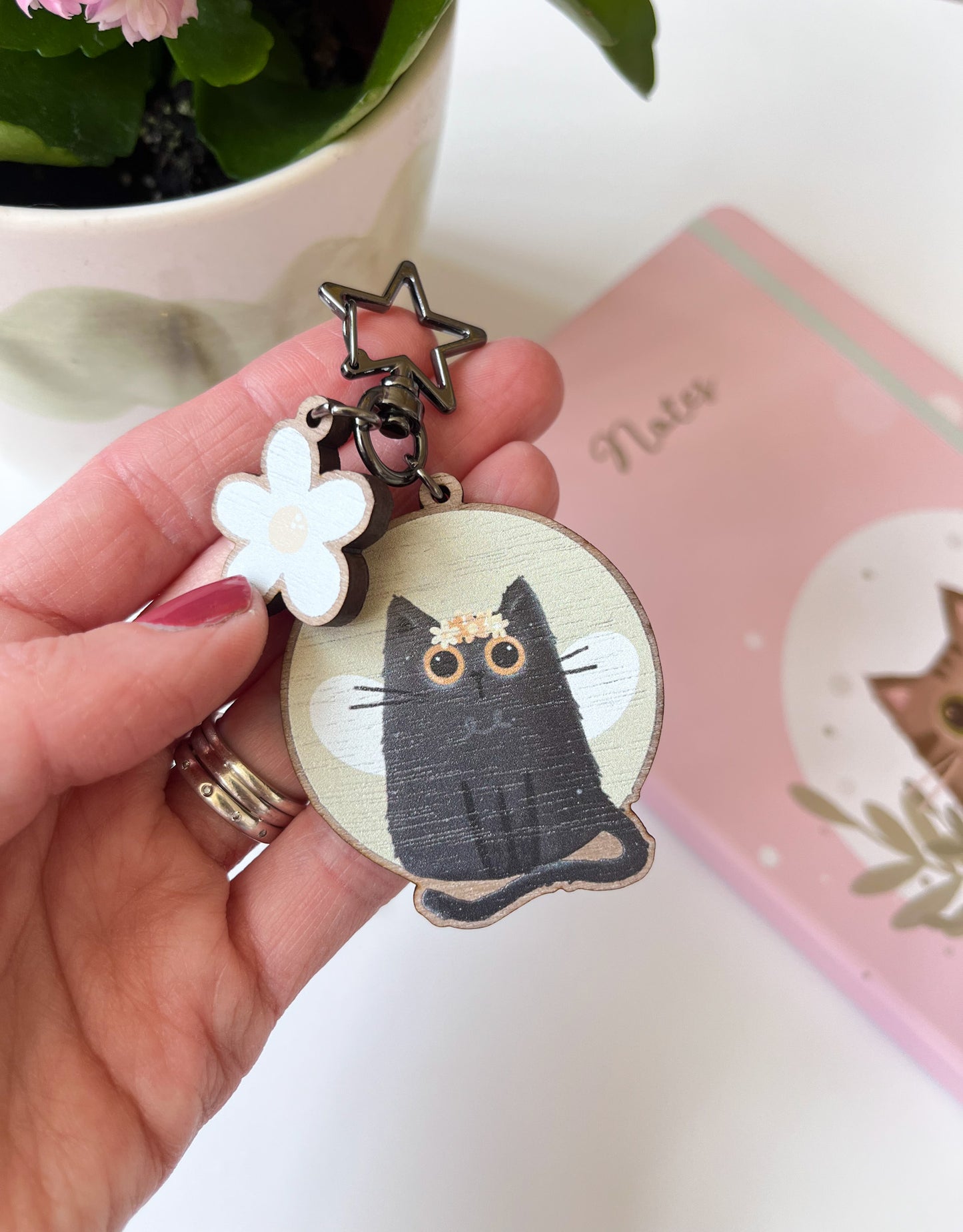 Black Cat Wooden Keyring