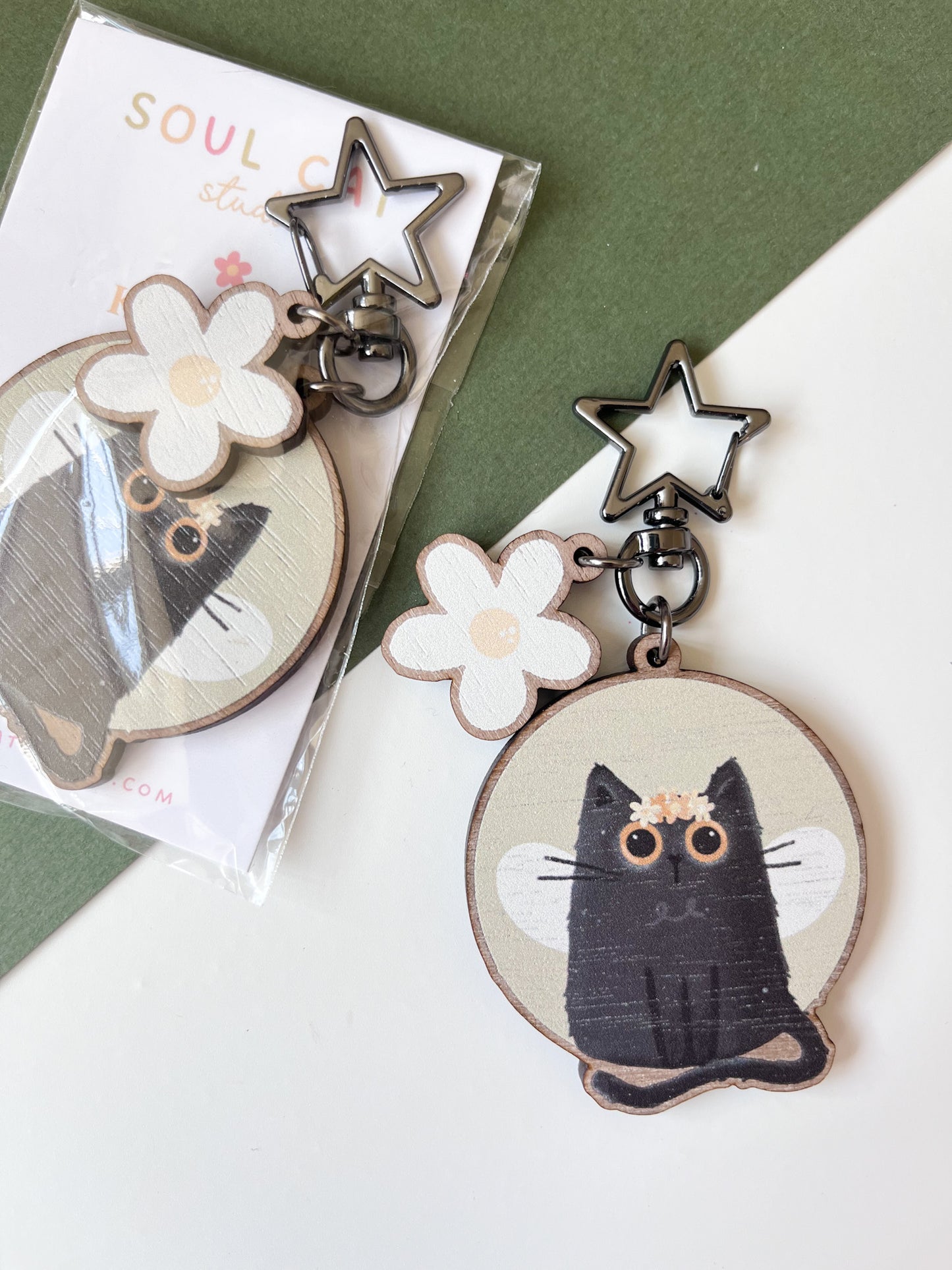 Black Cat Wooden Keyring