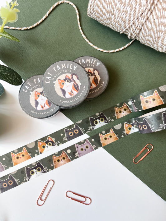 Cat Family Washi Tape - Forest Green