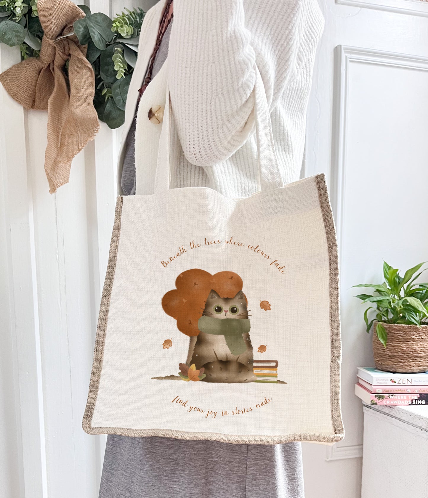Cosy Autumn Cat/ Autumn Linen Gusset Bag