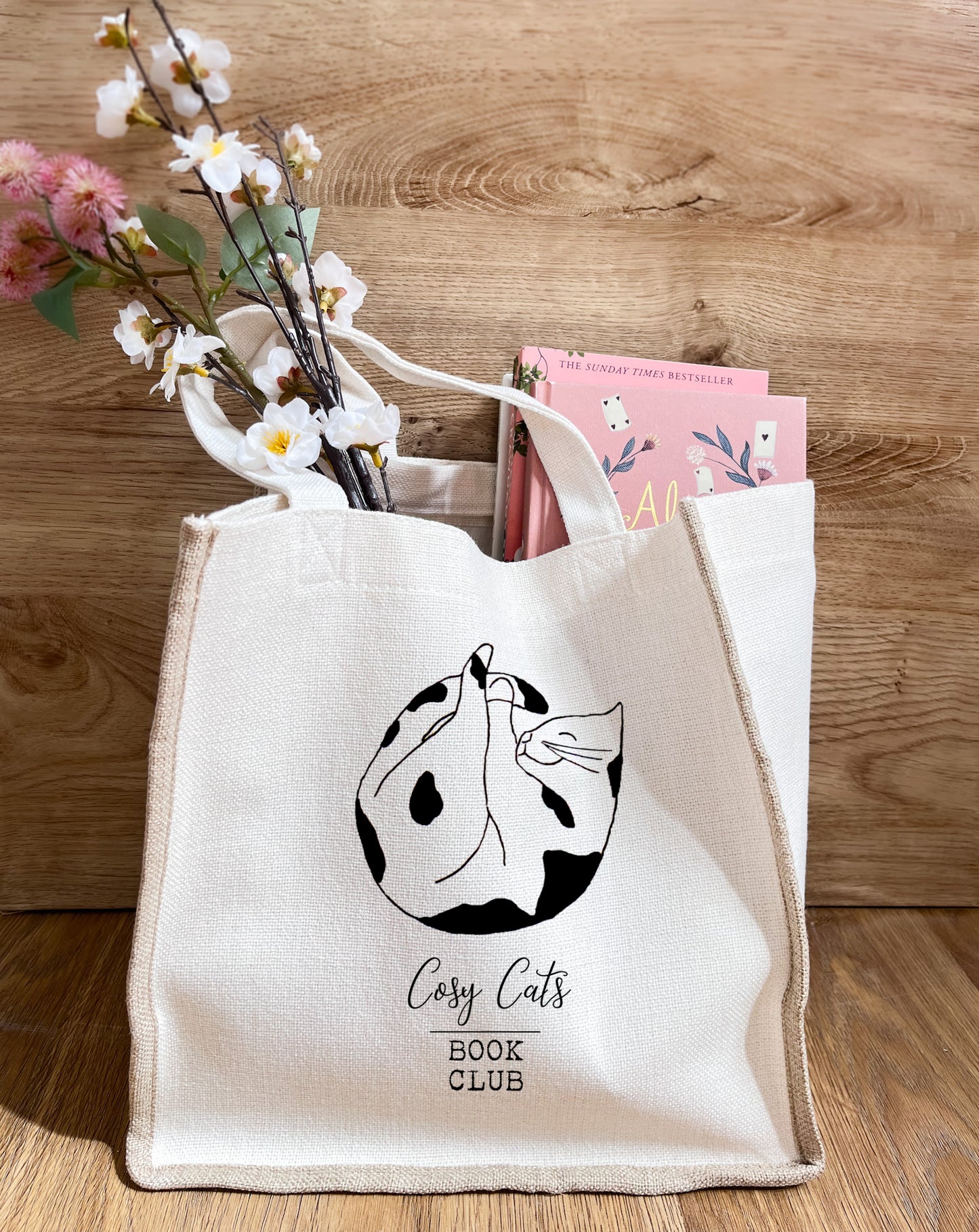 Cosy Cats Book Club Linen Gusset Bag