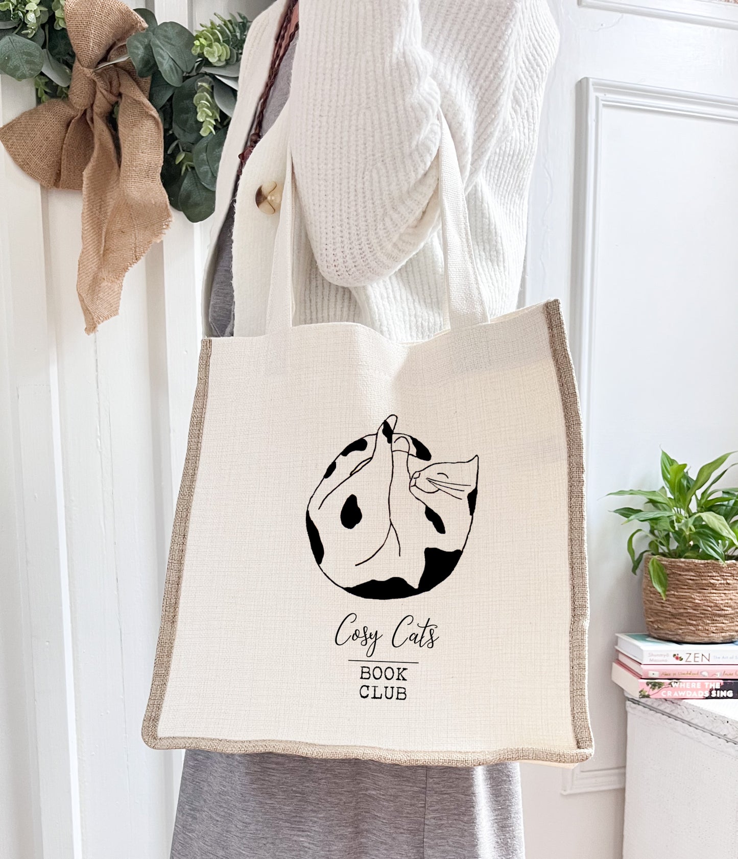 Cosy Cats Book Club Linen Gusset Bag