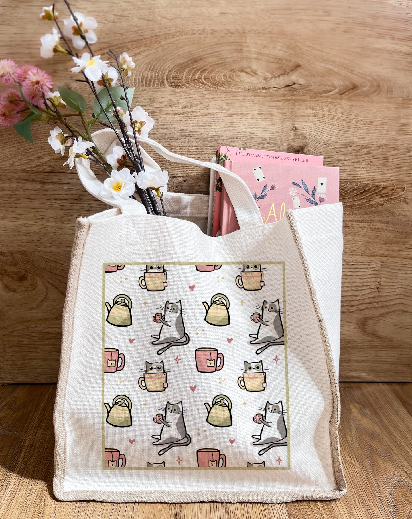 Cuppa Cats Cat Linen Gusset Bag