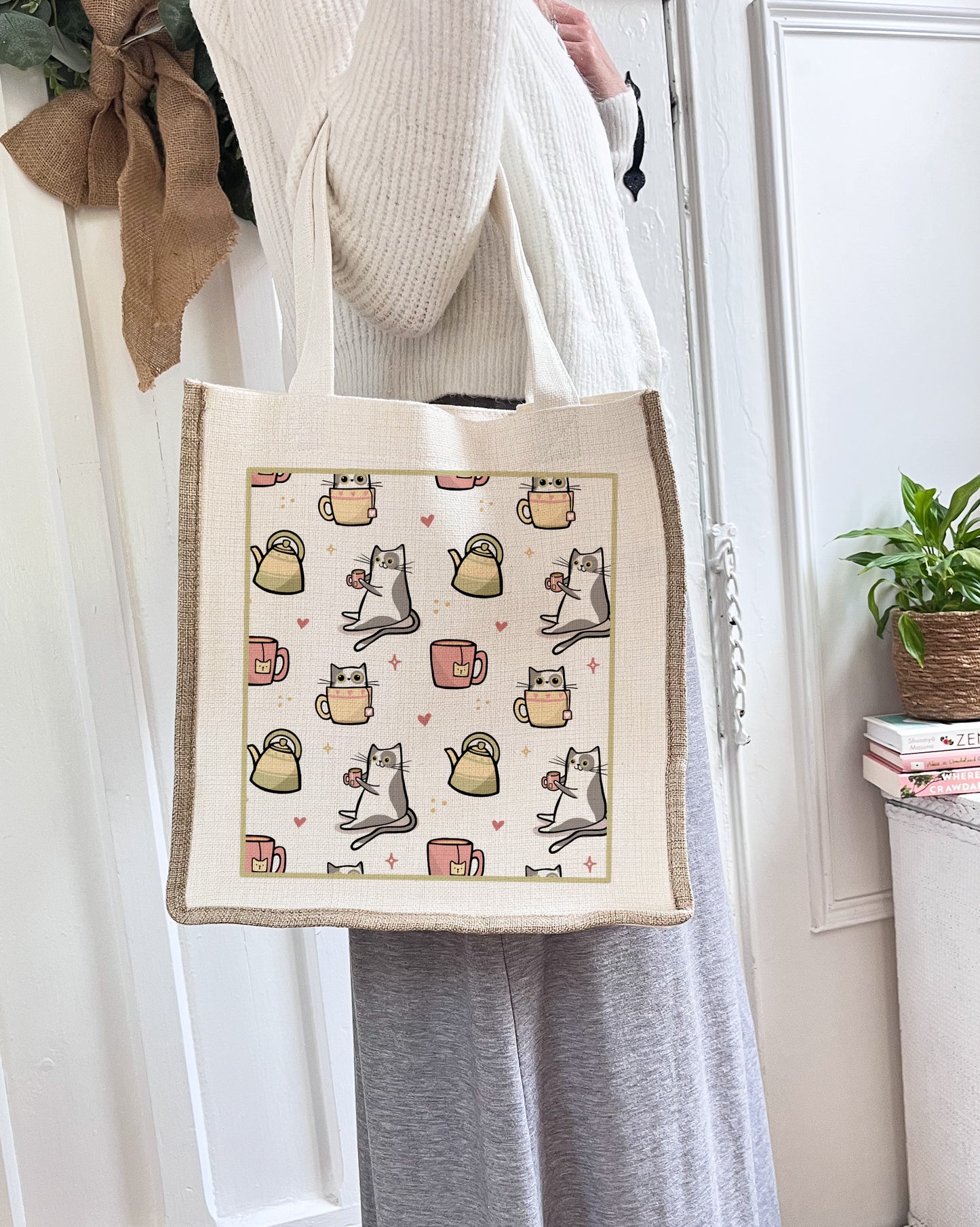 Cuppa Cats Cat Linen Gusset Bag