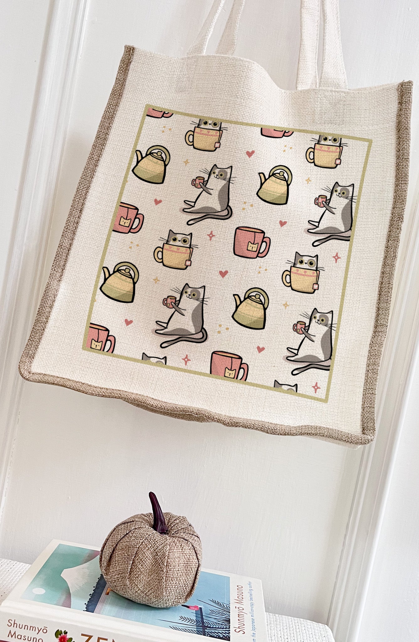 Cuppa Cats Cat Linen Gusset Bag