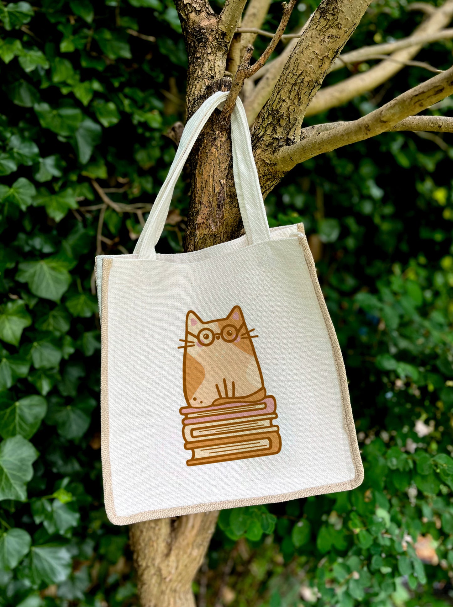 Hazel, Bookworm Cat Linen Gusset Bag