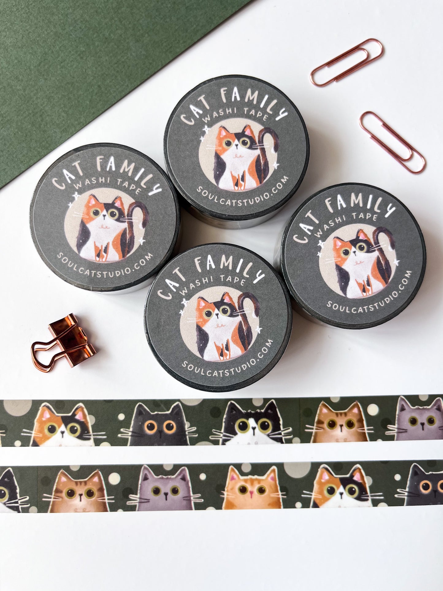 Cat Family Washi Tape - Forest Green