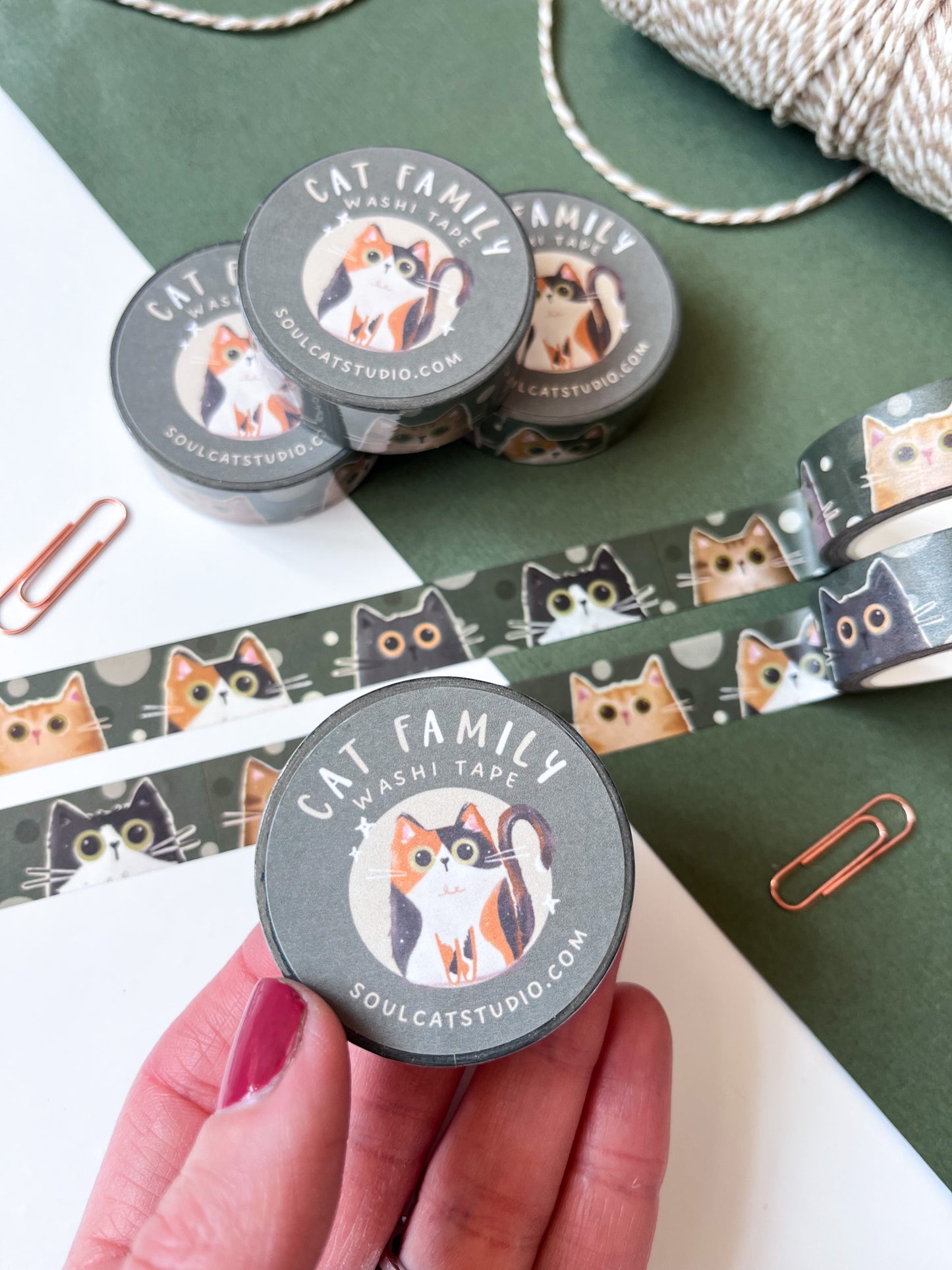 Cat Family Washi Tape - Forest Green