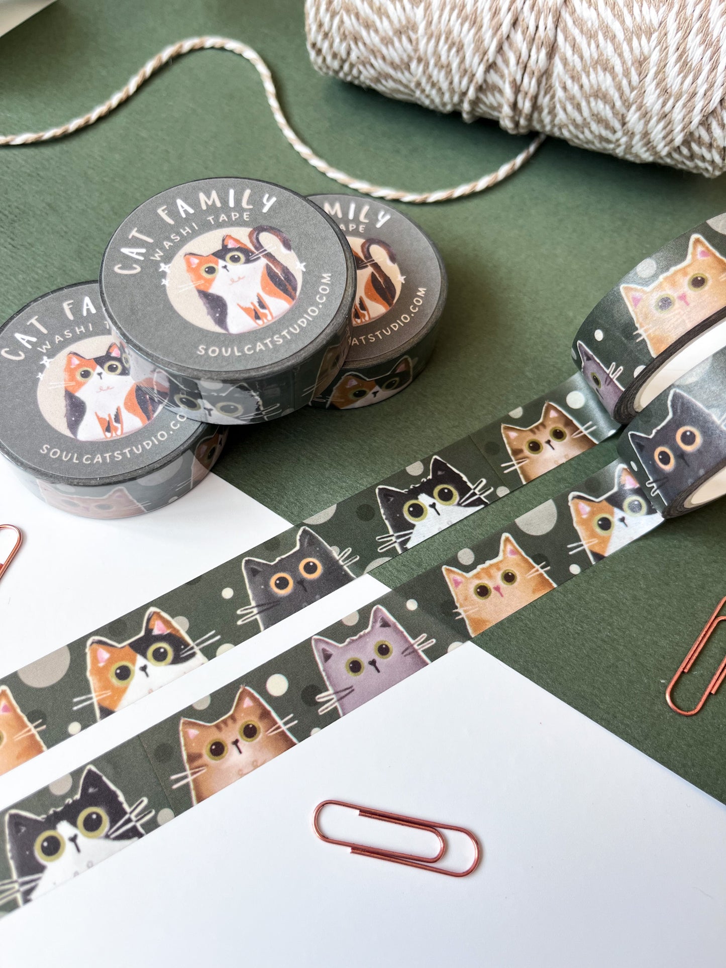 Cat Family Washi Tape - Forest Green