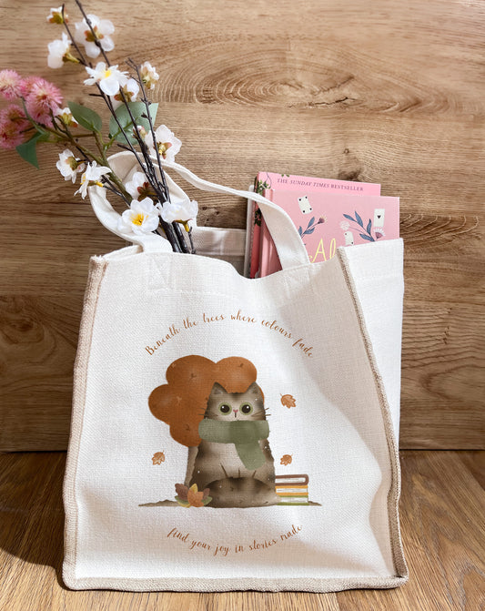 Cosy Autumn Cat/ Autumn Linen Gusset Bag